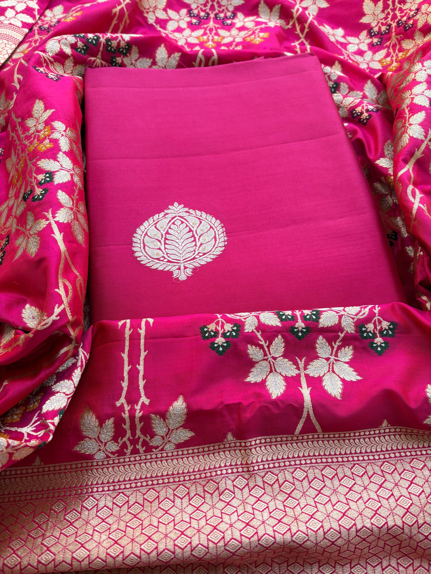 Pink katan silk suit with jaal dupatta suit set