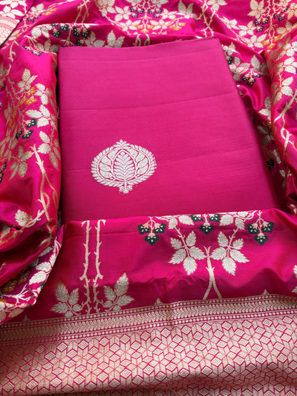 Pink katan silk suit with jaal dupatta suit set