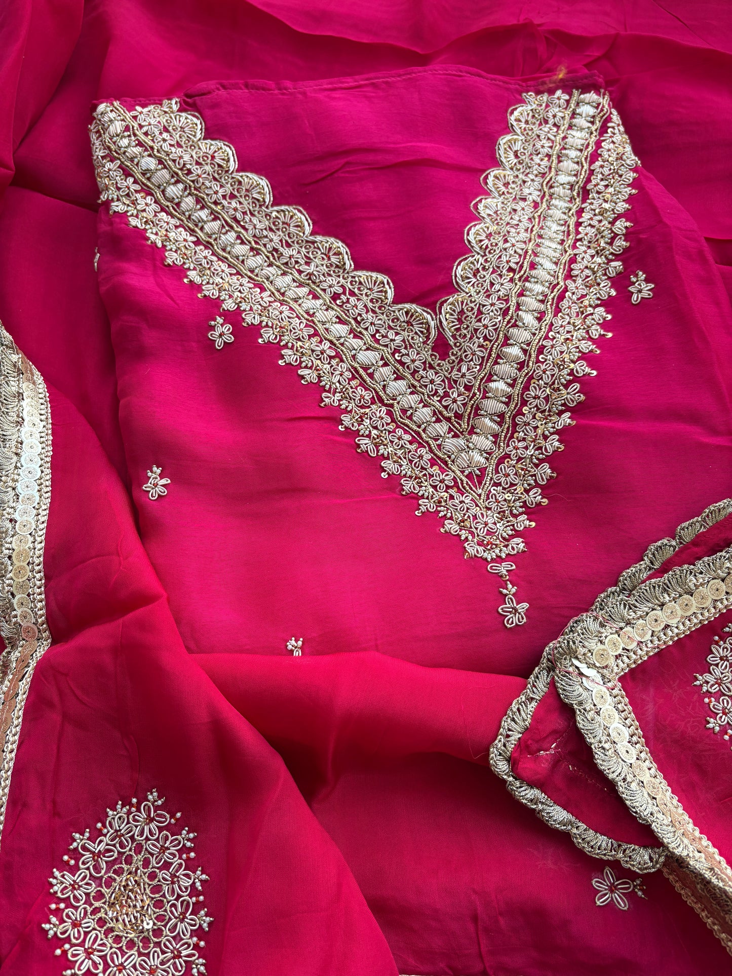 Pink hand embroidered crepe suit