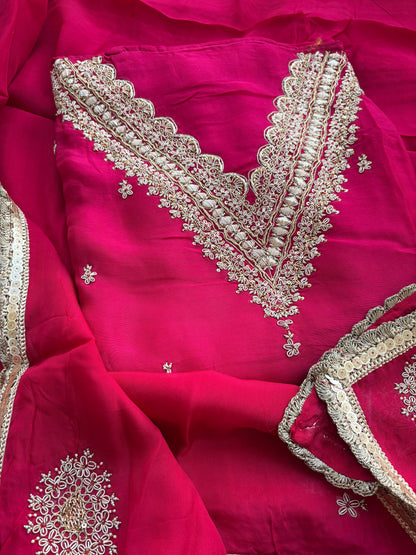 Pink hand embroidered crepe suit