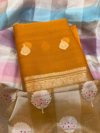 Mustard Kora silk with check kadhwa dupatta