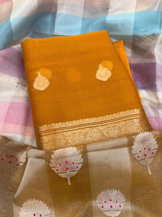 Mustard Kora silk with check kadhwa dupatta
