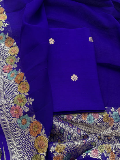 Blue Chiniya silk suit with pure georgette meenadar dupatta