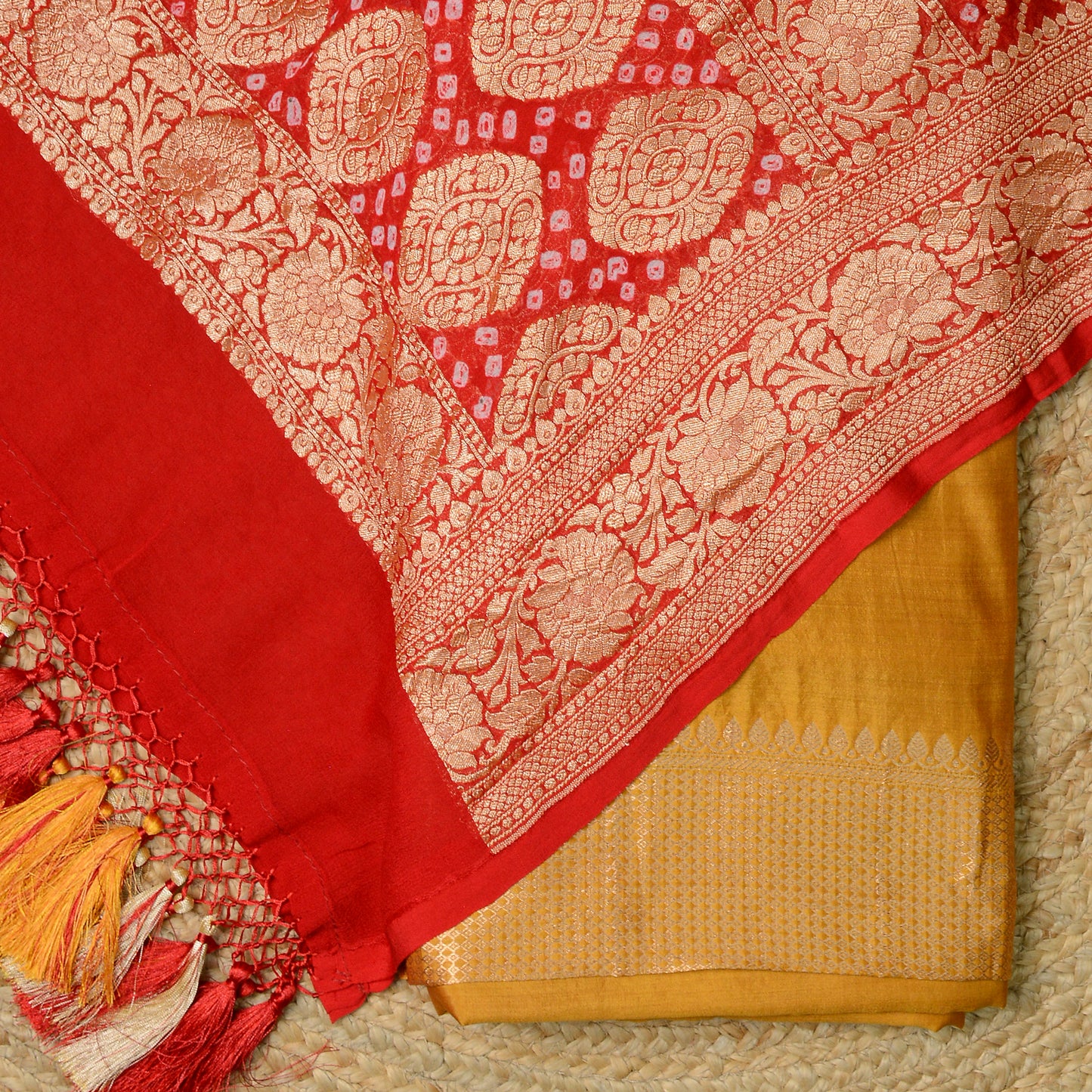 Mustard Chiniya silk suit with bandhani dupatta