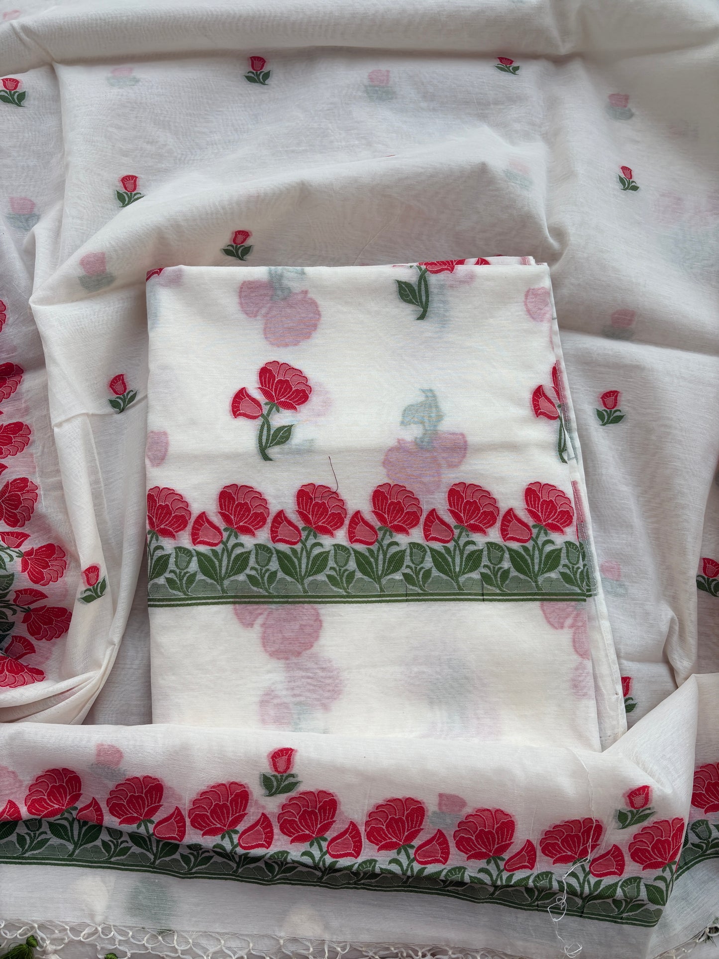 White Chanderi meenadar flower suit set