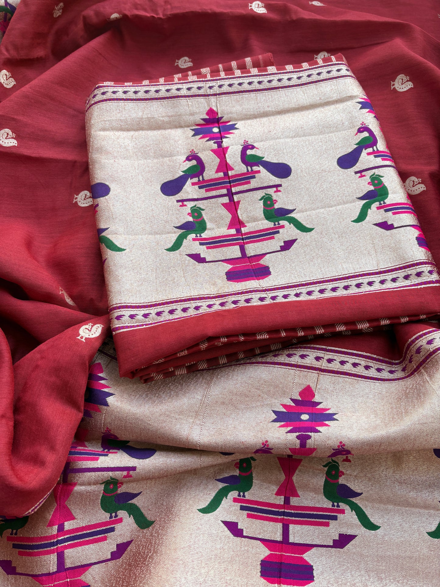 Rust red paithani moonga silk suit set