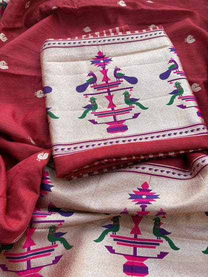 Rust red paithani moonga silk suit set