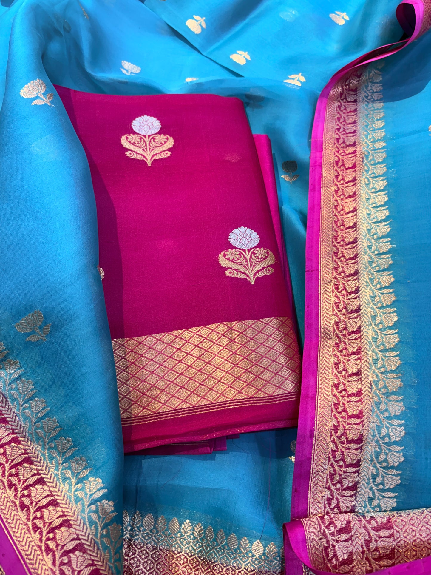 Pink kora silk suit with chaap dye dupatta ( FM -05)