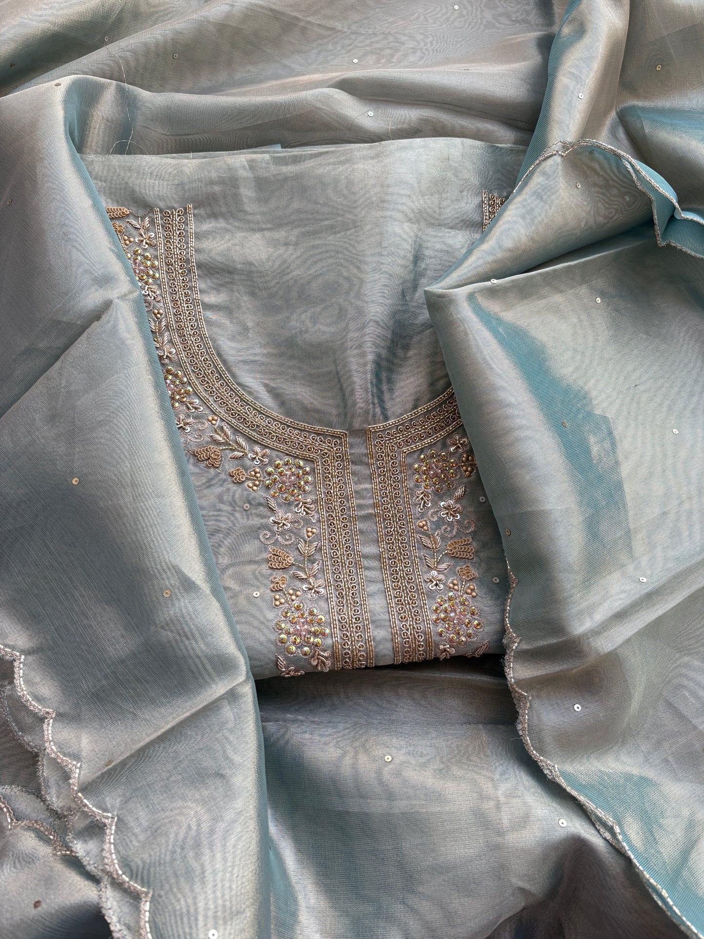 Blue tissue hand embroidered suit set