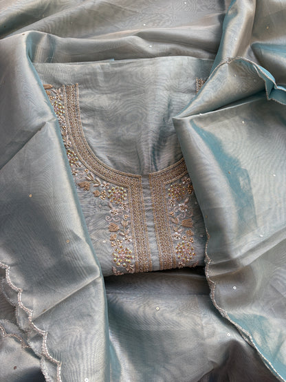 Blue tissue hand embroidered suit set