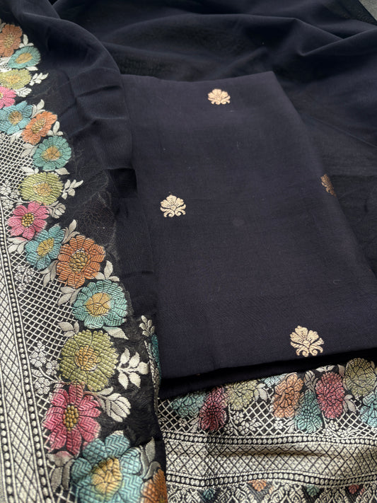 Black Chiniya silk suit set with Khaddi georgette meenadar dupatta