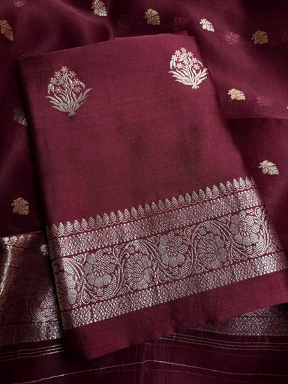 Maroon chiniya silver zari kadhwa kurta, kora silver zari dupatta, plain bottom