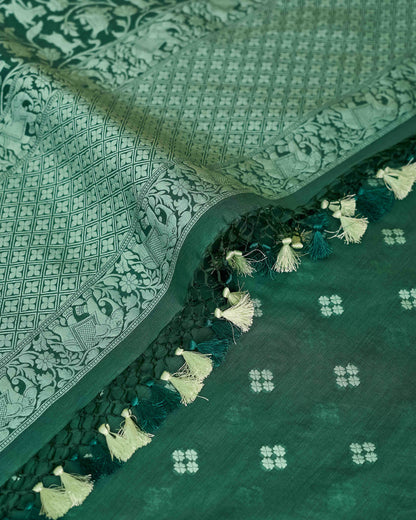 Green chanderi cotton kurta, shikargah dupatta, plain bottom