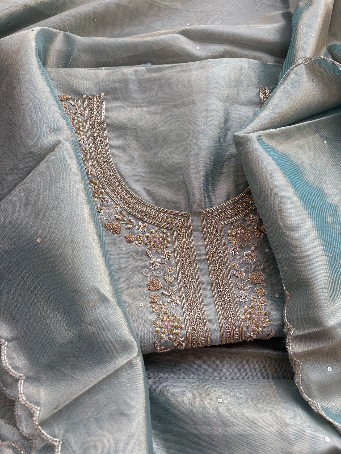 Blue tissue hand embroidered suit set