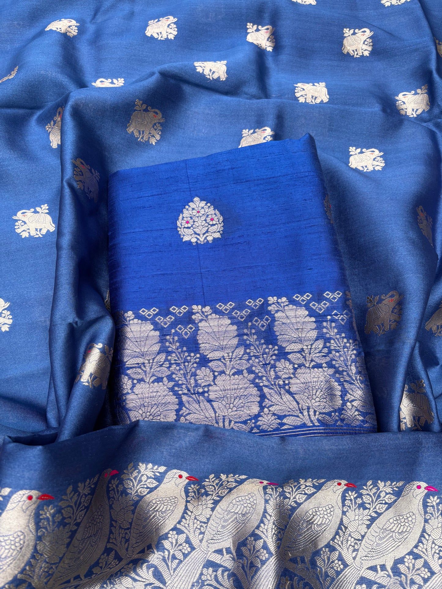 Blue raw silk kurta, bottom, Chiniya kora dupatta