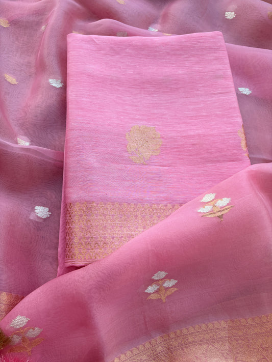 Pink linen silk with kora dupatta suit set