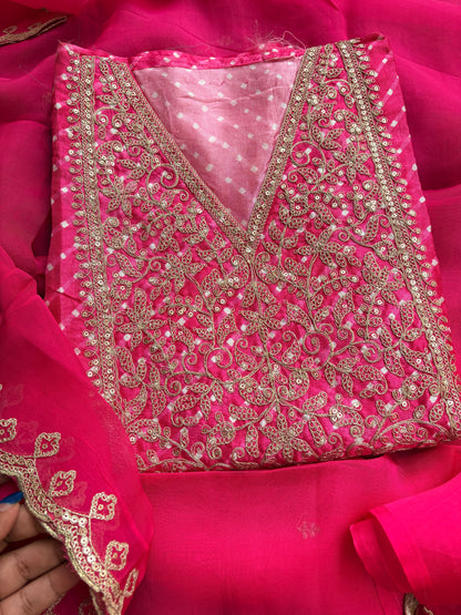 Pink hand embroidered bandhani suit set