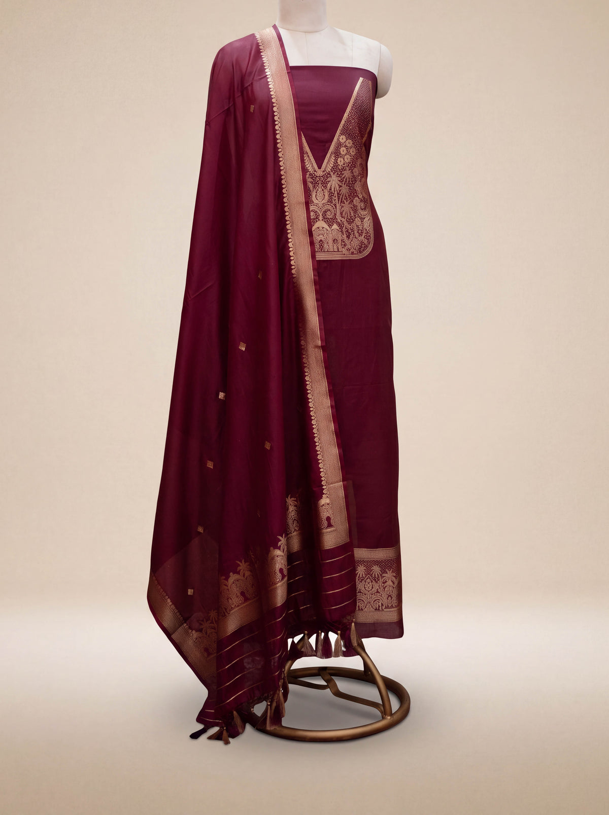 Wine Chanderi silk suit set ( neck design )