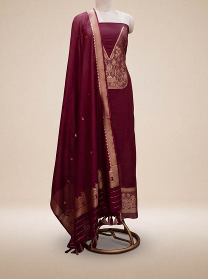 Wine Chanderi silk suit set ( neck design )