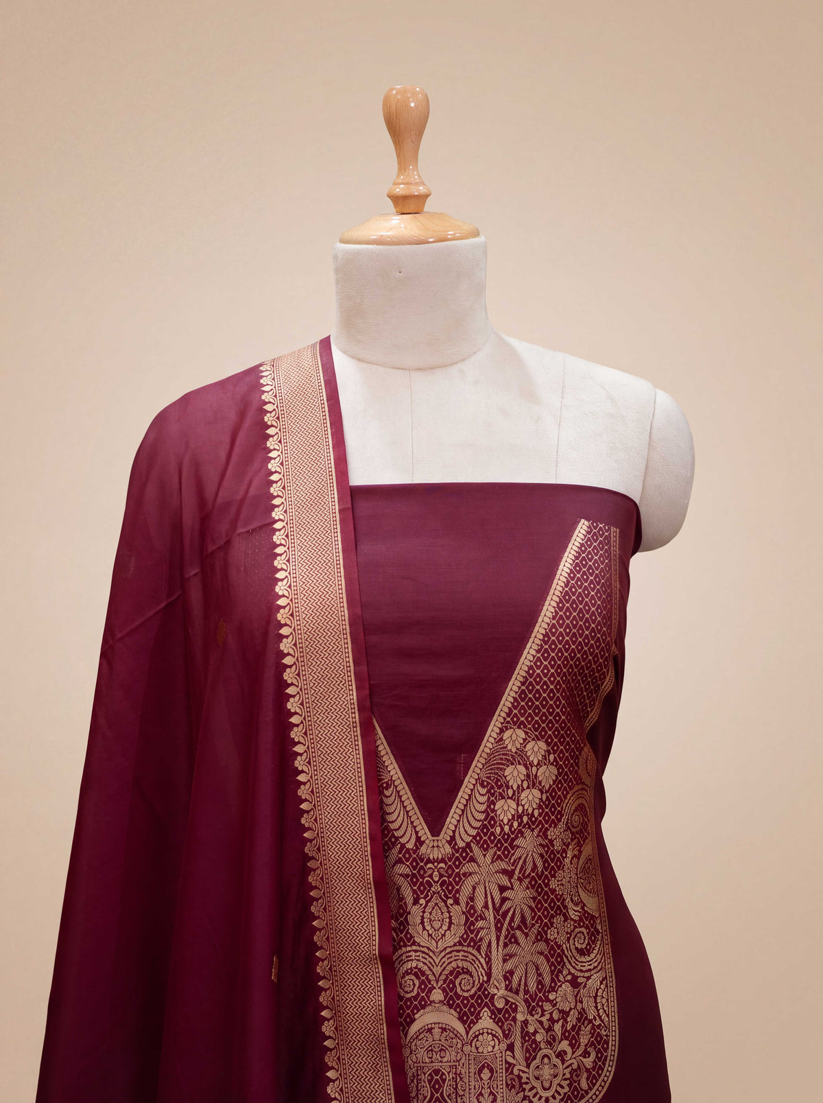 Wine Chanderi silk suit set ( neck design )