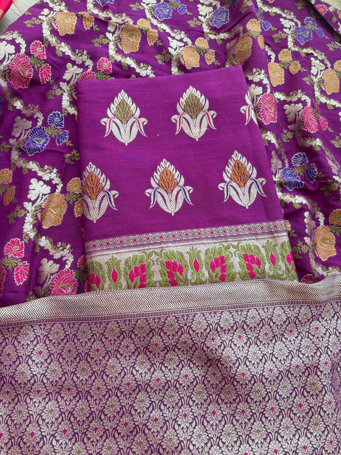 Purple moonga silk jaal tilfi suit set