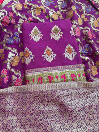 Purple moonga silk jaal tilfi suit set