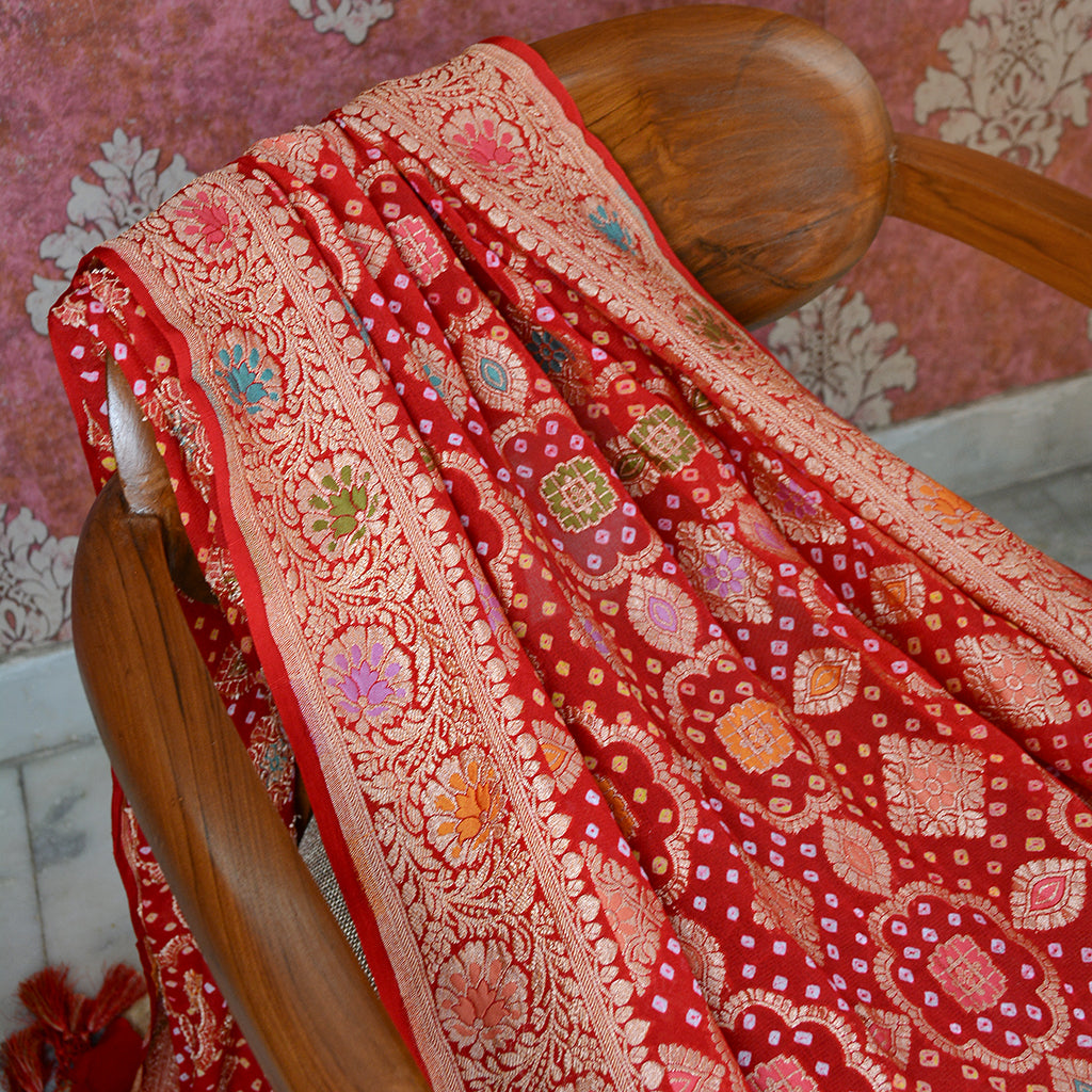 Red bandhani Meenadar Khaddi georgette  dupatta