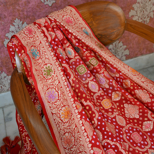 Red bandhani Meenadar Khaddi georgette  dupatta