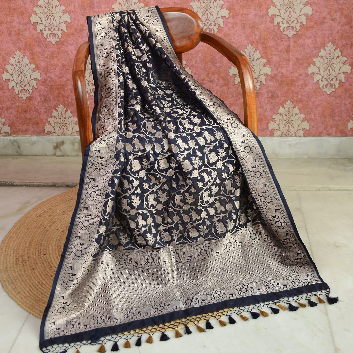 Blue silk shikargah dupatta