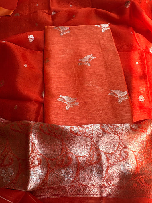 Orange linen silk kurta, bottom , kora silk dupatta