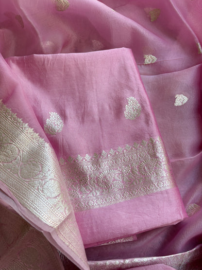 Pink Chiniya kora silver zari suit set