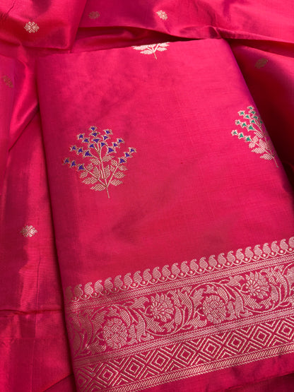 Red pink dhoop chau katan by katan silk suit set