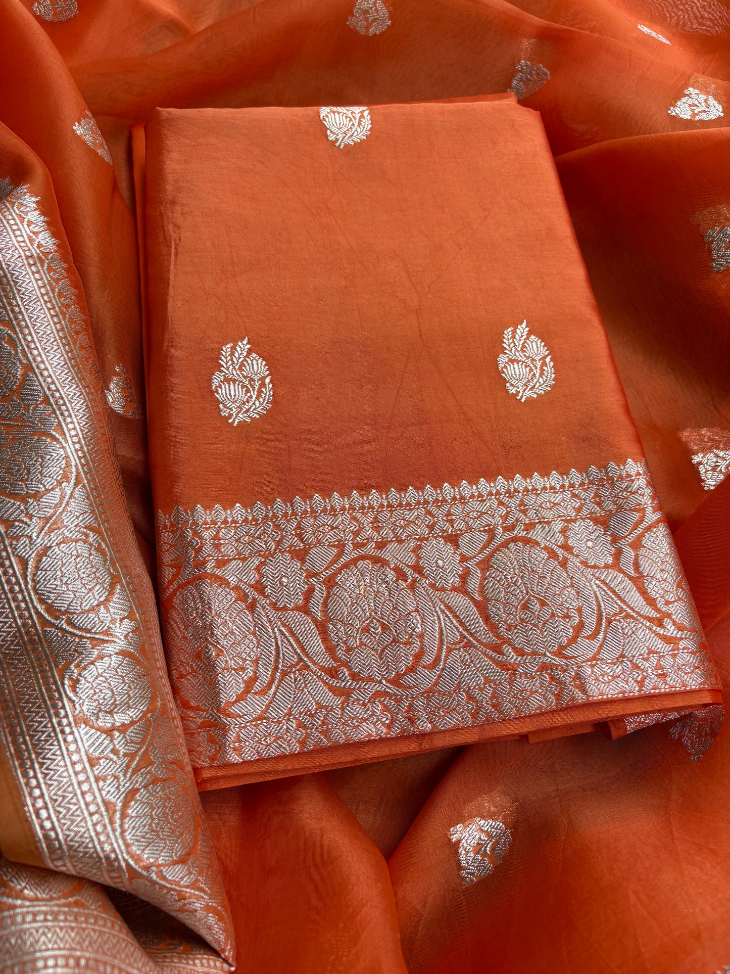 Orange Chiniya kora silver zari suit set