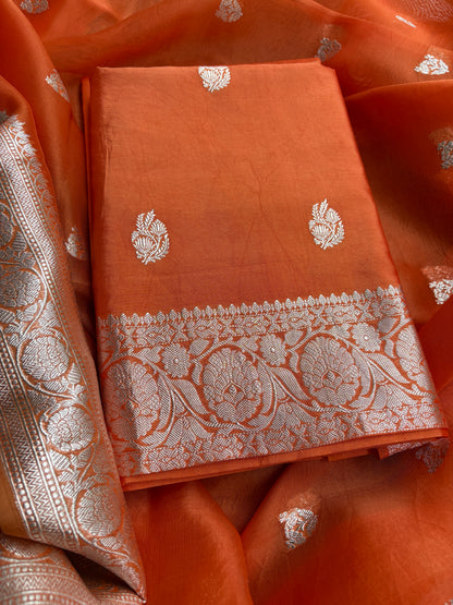 Orange Chiniya kora silver zari suit set