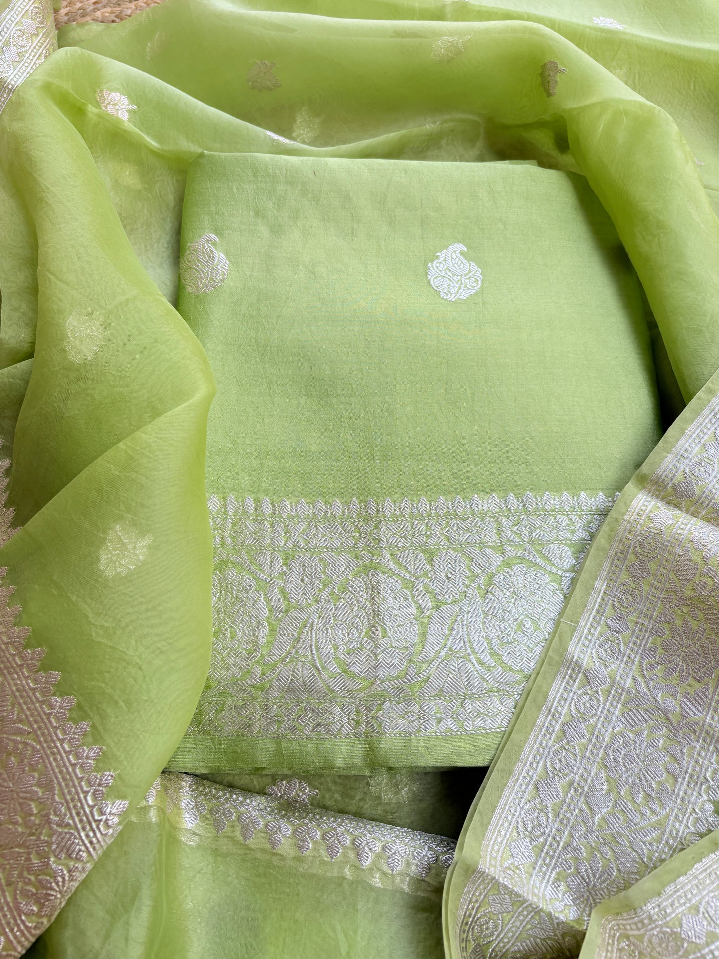 Lime green Chiniya kora silver zari suit set