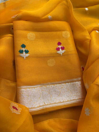 Yellow Kora silk meenadar silver zari suit set