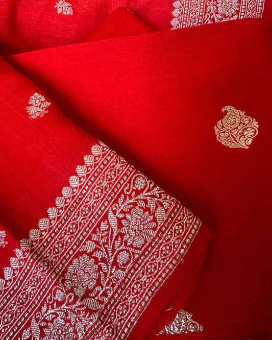 Red silver zari pure handloom moonga silk suit set.