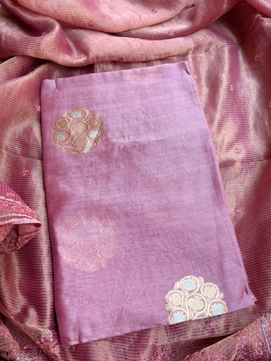 Pink handloom silk kadhwa kurta, bottom, tissue kadhwa dupatta