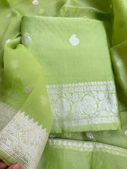 Lime green Chiniya kora silver zari suit set