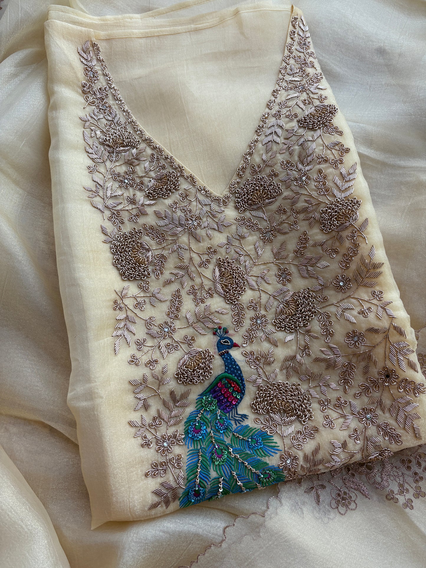 Yellow tissue silk hand embroidered suit set