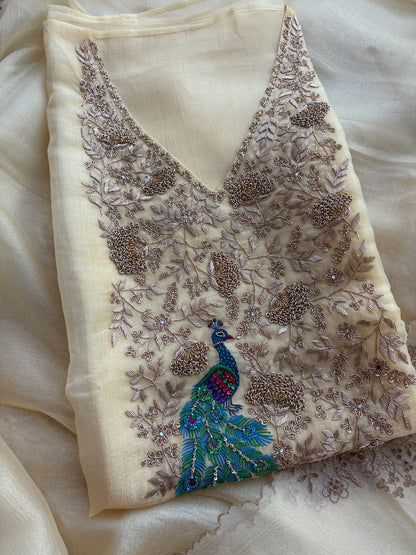 Yellow tissue silk hand embroidered suit set