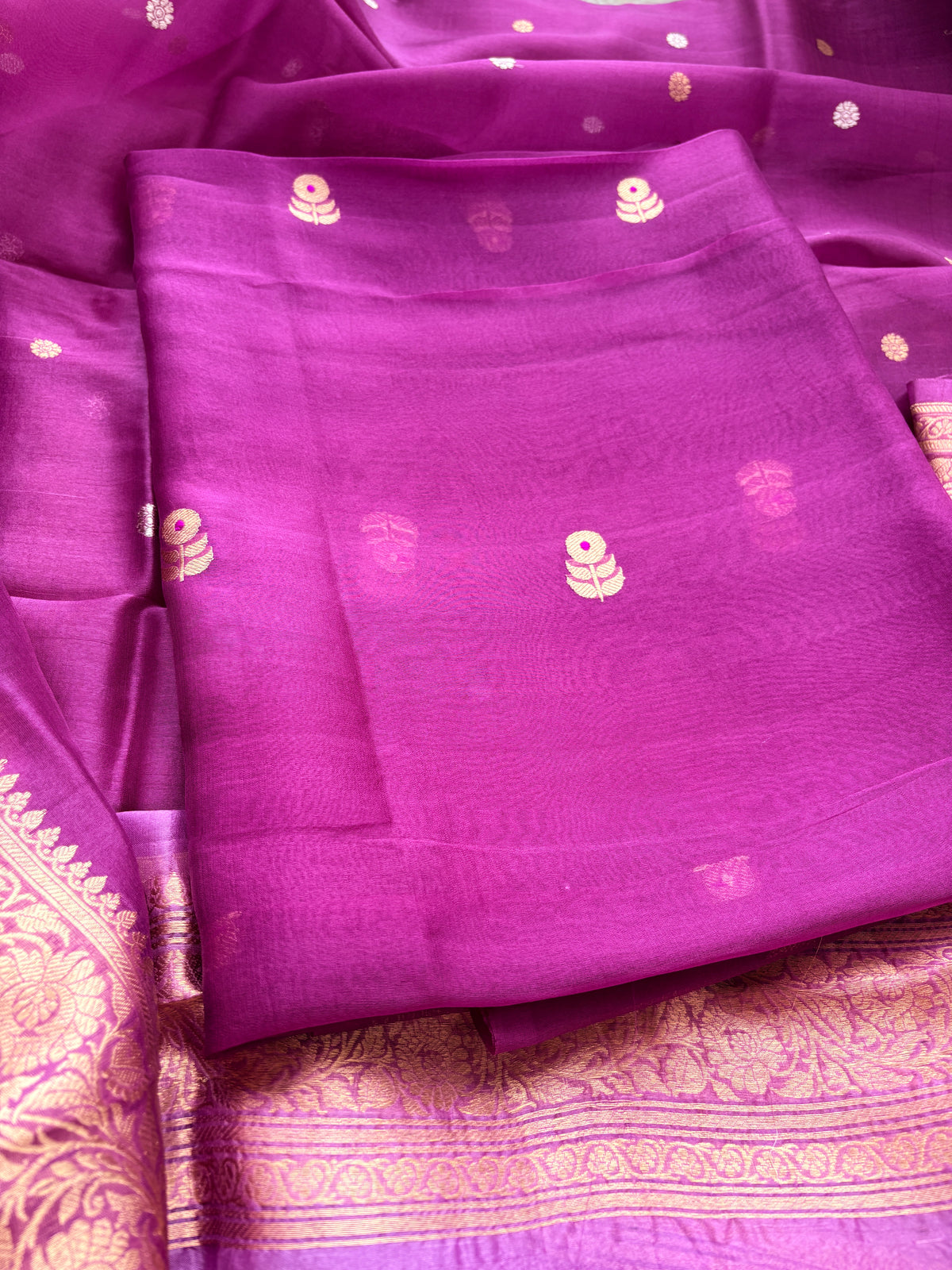 Purple lavender kora silk suit set with shaded dupatta