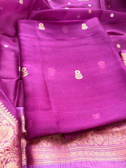 Purple lavender kora silk suit set with shaded dupatta