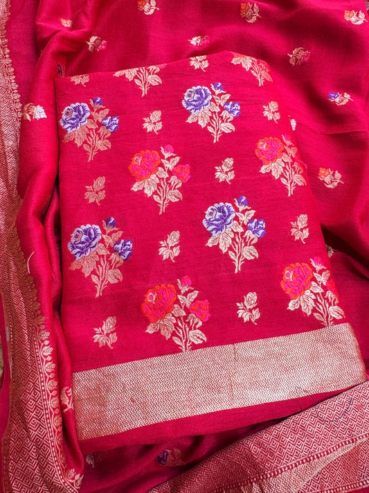 Red moonga silk meenadar flower weaving suit set