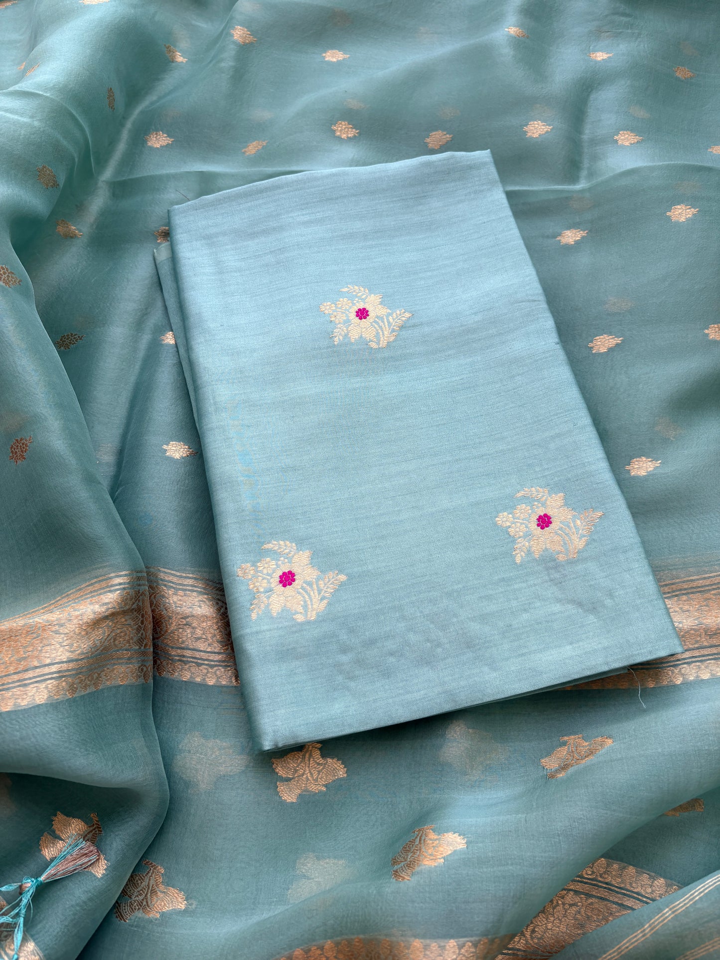 Blue Chiniya silk kora silk kadhwa suit set