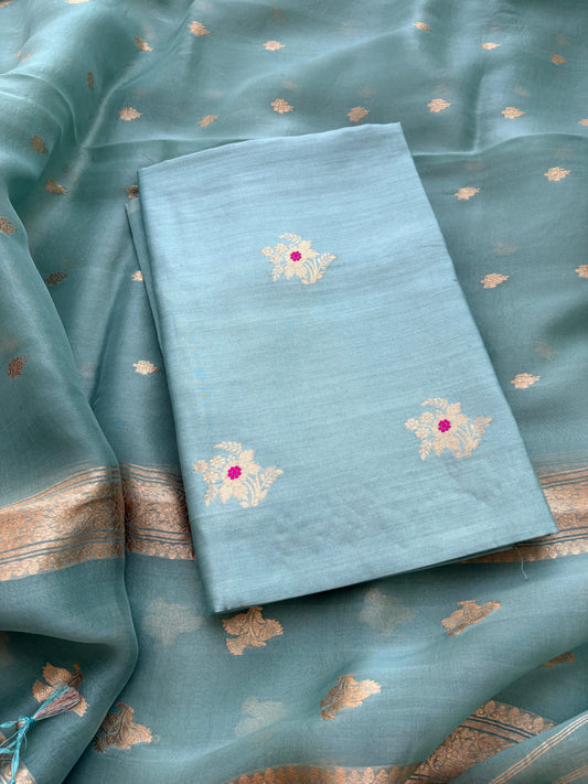 Blue Chiniya silk kora silk kadhwa suit set