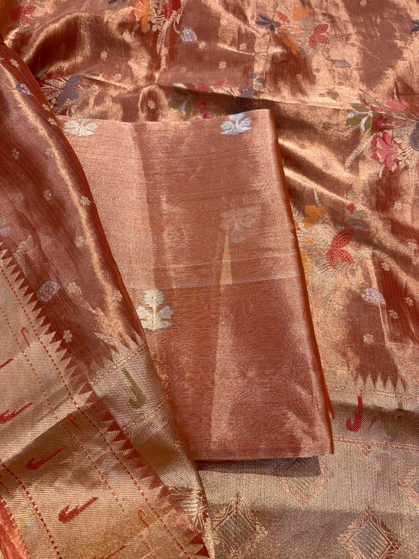 Orange rust tissue kadhwa suit with jaal dupatta