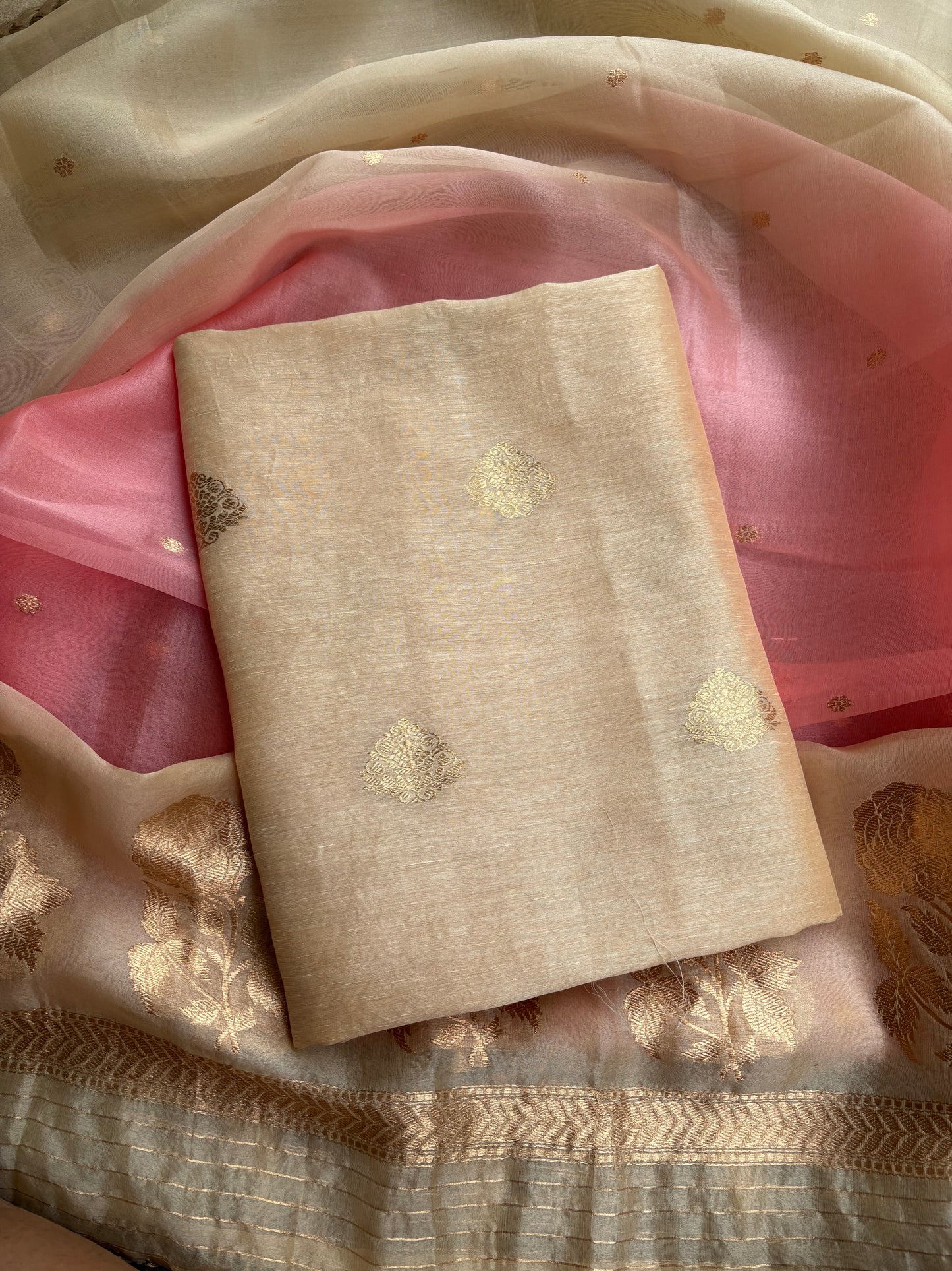 Beige linen silk kurta with kora silk dupatta