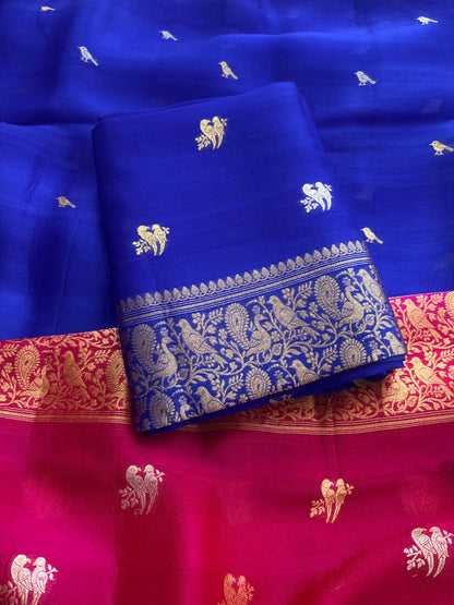 Blue Kora silk kadhwa suit with shaded dupatta