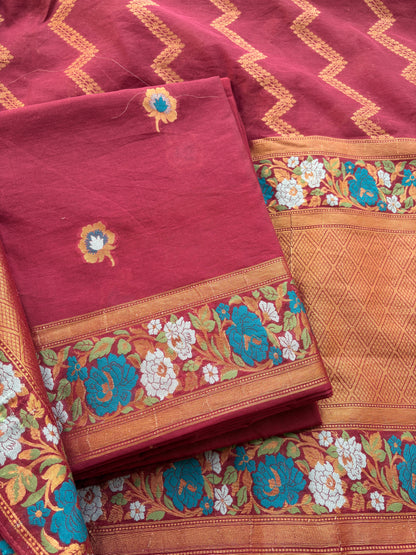 Maroon Chanderi cotton full jaal weaving suit set